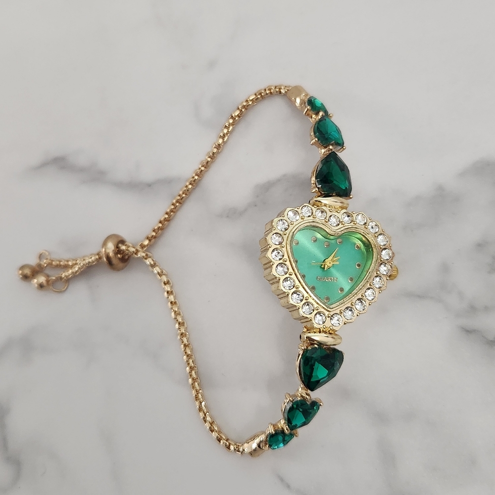 Vintage Green Casual Heart Shape Jewelry With Rhinestones Womens Watch - Picture 3 of 12